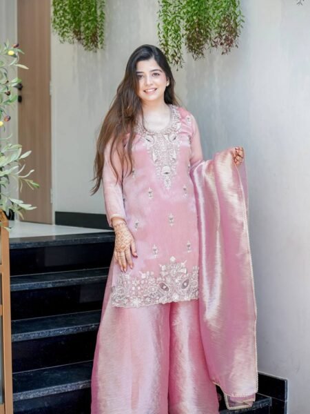 Reyani Pink Silk Sequins Embroidered Suit with Palazzo & Lace Dupatta