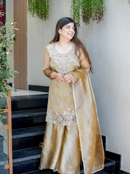 Reyani Golden Silk Sequins Embroidered Suit with Palazzo & Lace Dupatta