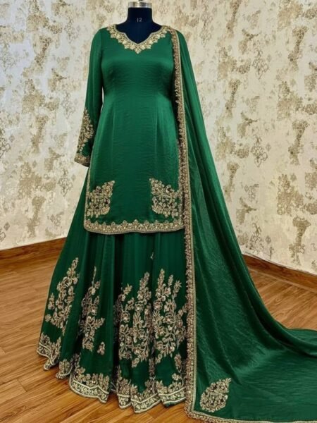 Ishira Bottle Green Chinon Silk Sequin Pearl & Mirror Work Top with Palazzo & Dupatta