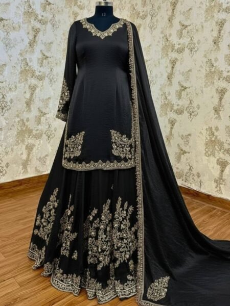 Ishira Black Chinon Silk Sequin Pearl & Mirror Work Top with Palazzo & Dupatta