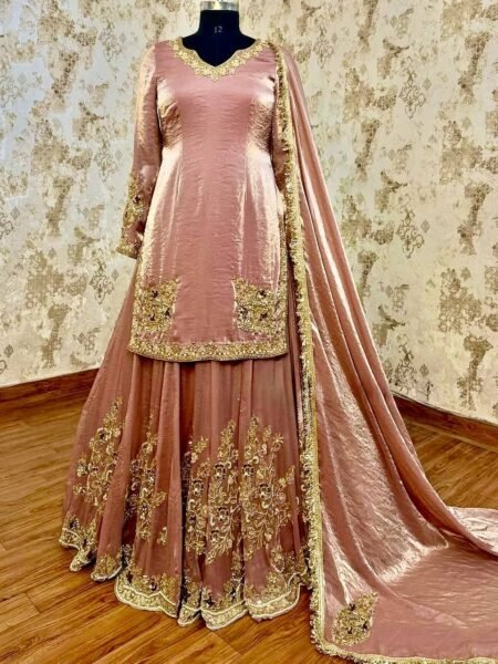 Ishira Dusty Rose Chinon Silk Sequin Pearl & Mirror Work Top with Palazzo & Dupatta