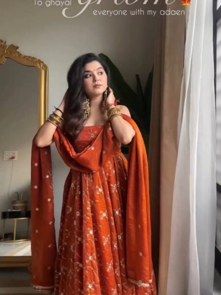 Charitra Kesriya Silk Sequin Embroidery Anarkali with Dupatta & Pant