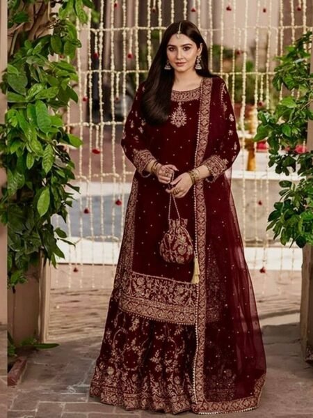 Aafreen Maroon Velvet sequins Embroidered & Moti work Sharara Suit with Soft Net Dupatta