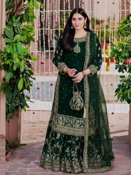 Aafreen Bottle Green Velvet sequins Embroidered & Moti work Sharara Suit with Soft Net Dupatta