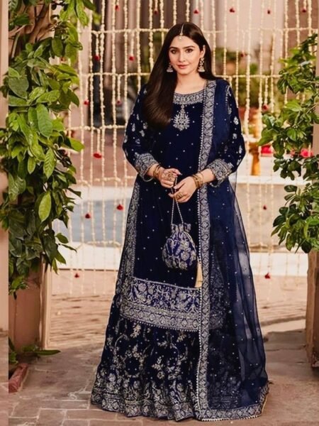 Aafreen Navy Blue Velvet sequins Embroidered & Moti work Sharara Suit with Soft Net Dupatta