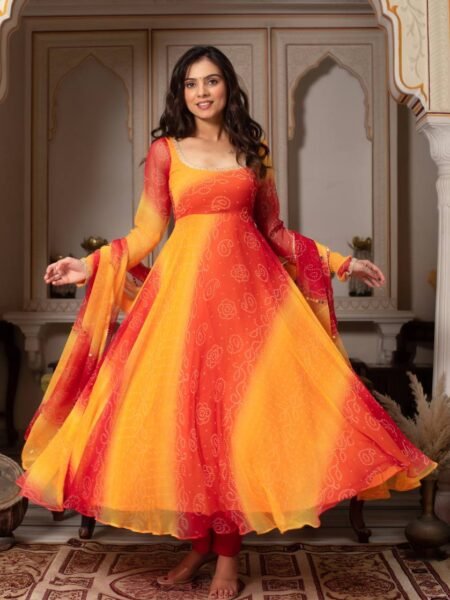 Elegant Yellow Bandhej Printed Anarkali Kurta Set with Sequins work