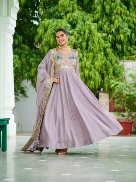 Aardhya Onion Vichitra Silk Sequins Thread & Zari Embroidery Embroidered Gown with Dupatta