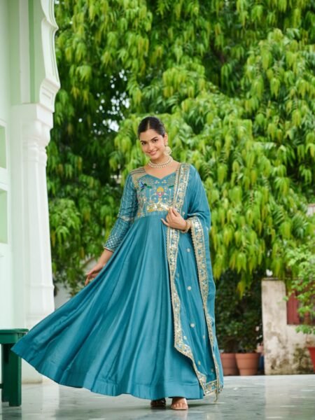 Aardhya Blue Vichitra Silk Sequins Thread & Zari Embroidery Embroidered Gown with Dupatta