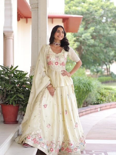 Rasha Gold Crush Sequins Embroidered Lehenga Set with Peplum Blouse & Designer Dupatta