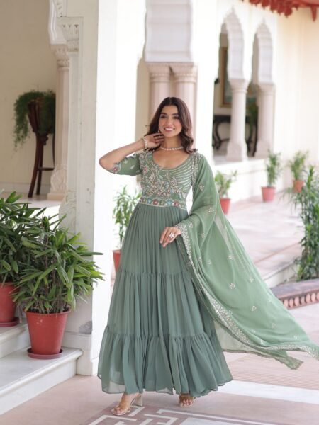 Meera Sea Green Blooming Sequins Embroidered Gown with Dupatta