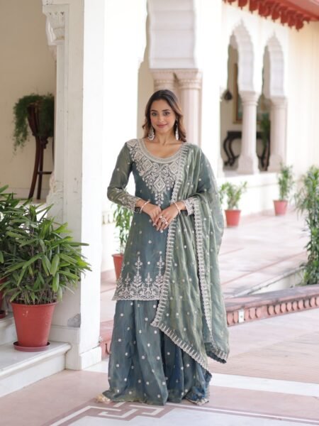 Yashmita Silk Coding Sequins Embroidered Kurti with Sharara & Dupatta