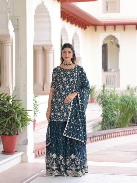 Saanviya Rama Green Sequins Embroidered Georgette Kurti with Sharara & Dupatta