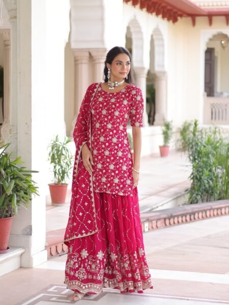 Saanviya Rani Pink Sequins Embroidered Georgette Kurti with Sharara & Dupatta