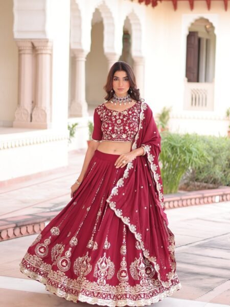 Eshvika Vichitra Silk Sequins & Thread Embroidered Lehenga with Blouse & Dupatta
