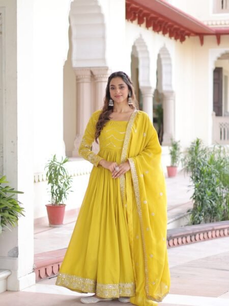 Ishmita Yellow Vichitra Silk Sequins Embroidered Gown Set with Dupatta