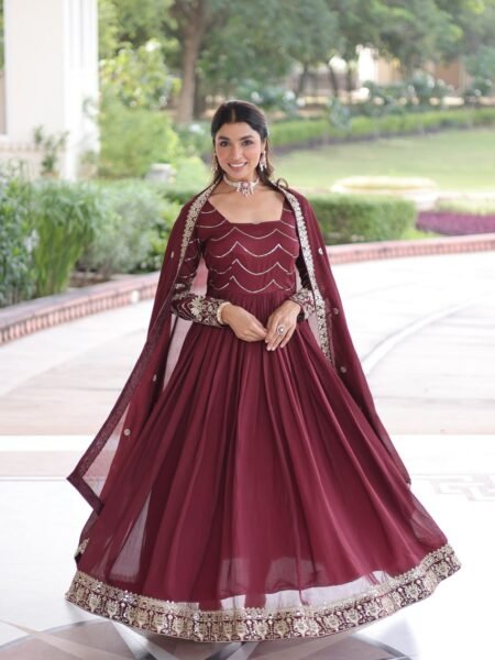 Ishmita Maroon Vichitra Silk Sequins Embroidered Gown Set with Dupatta