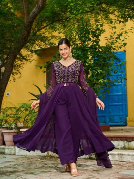 Amiraah Purple Blooming Multithread Beads Embroidered Slit Anarkali with Dupatta
