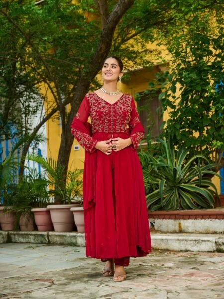Amiraah Red Blooming Multithread Beads Embroidered Slit Anarkali with Dupatta