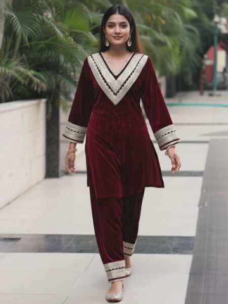 Beautiful Maroon V neck Kurta & Pant with Gotta Lace Work