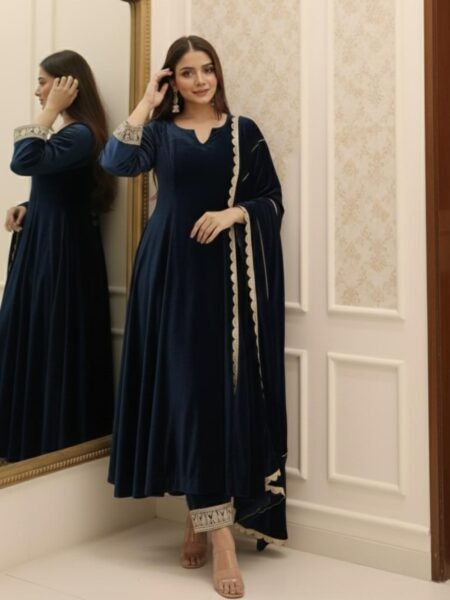 Ethnic Navy Blue Anarkali Style Velvet Kurta Set with Gotta Lace Work