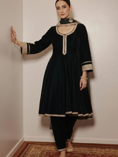 Adaa Black Velvet Gotta Work Kurta & Bottom with Moti Work Georgette Dupatta