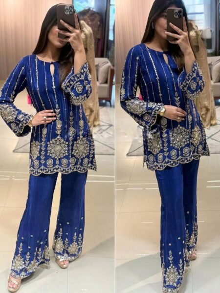 Sana Blue Chinon Silk Sequins Embroidered Co Ord Set