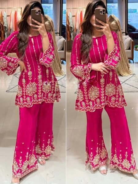 Sana Pink Chinon Silk Sequins Embroidered Co Ord Set