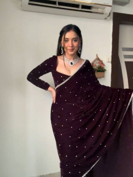 Devika Velvet Pearl Embroidery Work Saree with Blouse