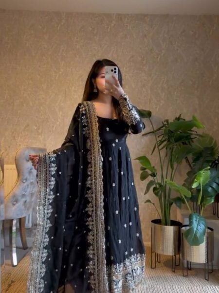 Aariza Black Georgette Sequins Embroidery Gown with Bottom & Dupatta