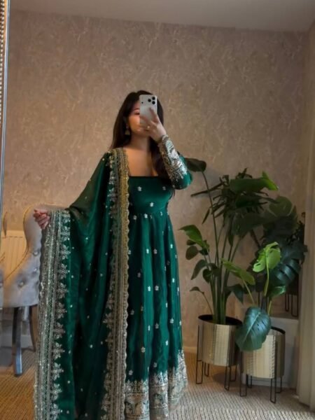 Aariza Green Georgette Sequins Embroidery Gown with Bottom & Dupatta