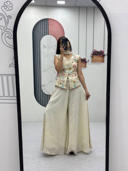 Nayesha Pure Tissue Simmer Embroidered Top Plazzo Set with Dupatta