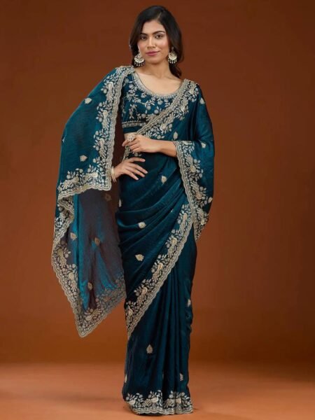 Kanak Teal Blue Frendy Chiffon Saree with Sequins & Zari Embroidery