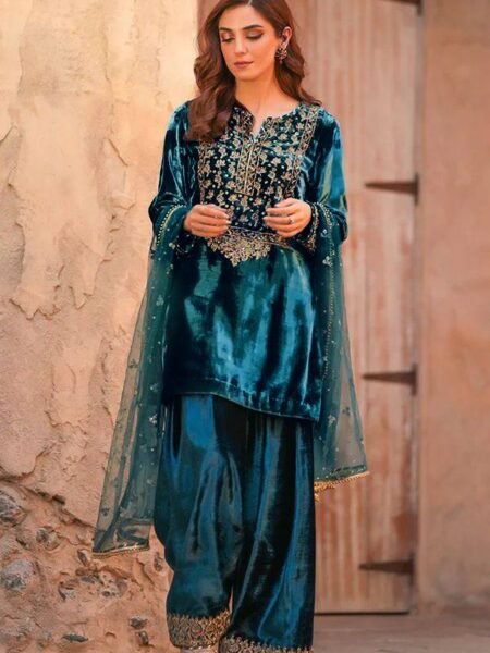 Amira Premium Velvet Sequins & Zari Embroidery Kurti Plazzo Set with Georgette Dupatta