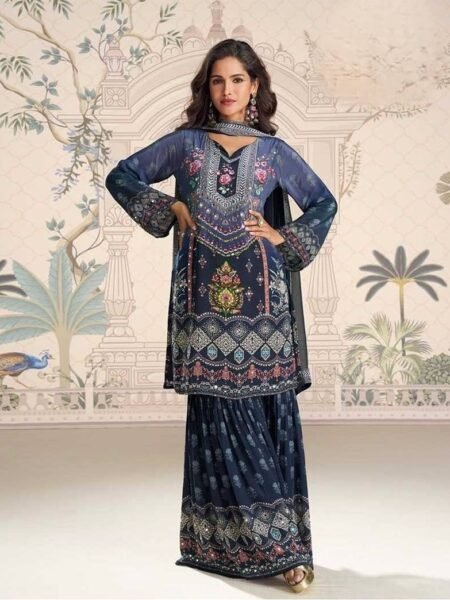 Nalisha Blue Chinon Silk Digital Print Kurti Sharara Set with Mirror & Stone Work
