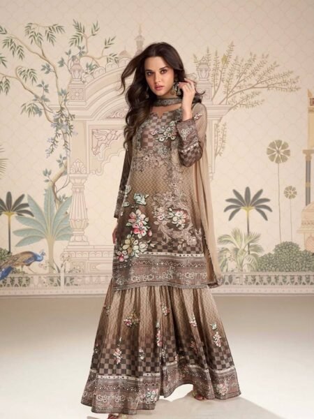 Nalisha Brown Chinon Silk Digital Print Kurti Sharara Set with Mirror & Stone Work