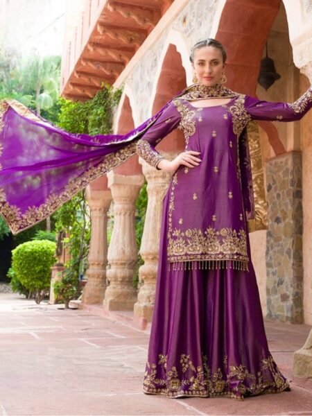 Ishvika Roman Shimmer Silk Embroidered Kurti Palazzo Set with Heavy Sequins Work & Georgette Dupatta