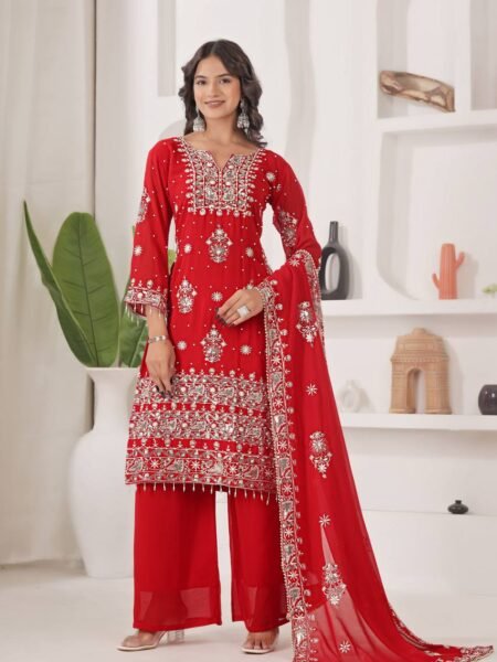 Nishvini Red Georgette Embroidered Kurti Set with Palazzo & Sequins Dupatta