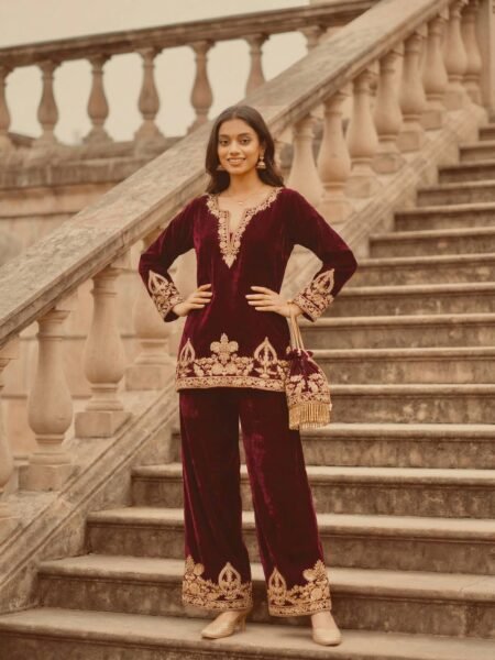 Feroza Maroon Viscous Velvet Heavy Embroidered Plazzo Co-Ord set