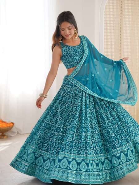 Ishvika Premium Georgette Embroidered Lehenga Set with Gold Crush Dupatta