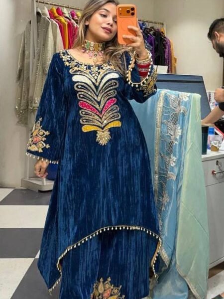 Ishvani Blue Velvet Sequence Embroidery Kurti Plazzo Set for Women