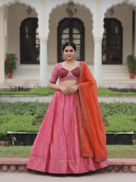 Trendy Madhubala Blouse & Lehenga Set with Lace Border Dupatta