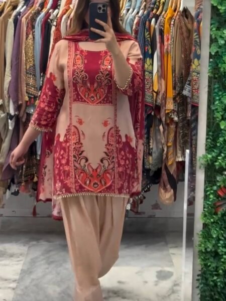 Aristocrat Peach and Maroon Crepe Silk Kurti Farshi Pant Dupatta Set