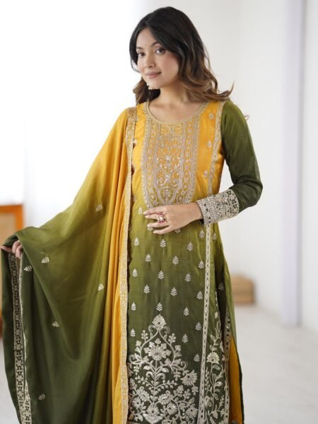 Designer Olive Green Silk Blend Kurta Palazzo Suit with Heavy Embroidery
