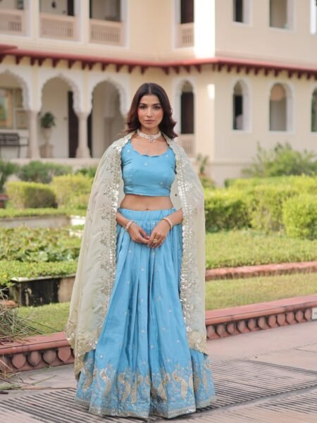 Designer Sky Blue Lehenga Choli with Heavy Gold Embroidery Work