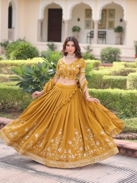 Designer Golden Yellow NC Vichitra Zari & Sequins Embroidered Lehenga