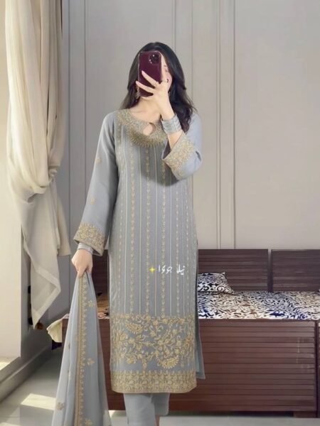 Soft Grey Chinon Silk Ensemble with Delicate Gold Embroidery