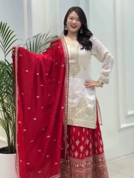 Party Wear White Chinon Silk Embroidered Top Palazzo Dupatta Set