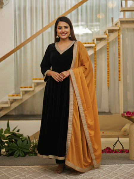 Ethnic Black Anarkali, Pant & Dupatta with Gotta Lace Work