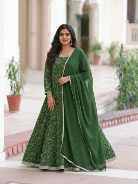 Green Bhandej Printed Anarkali with Lace Border Dupatta