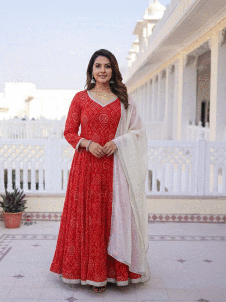 Red Bhandej Printed Anarkali Gown with Gotta Lace Work Dupatta